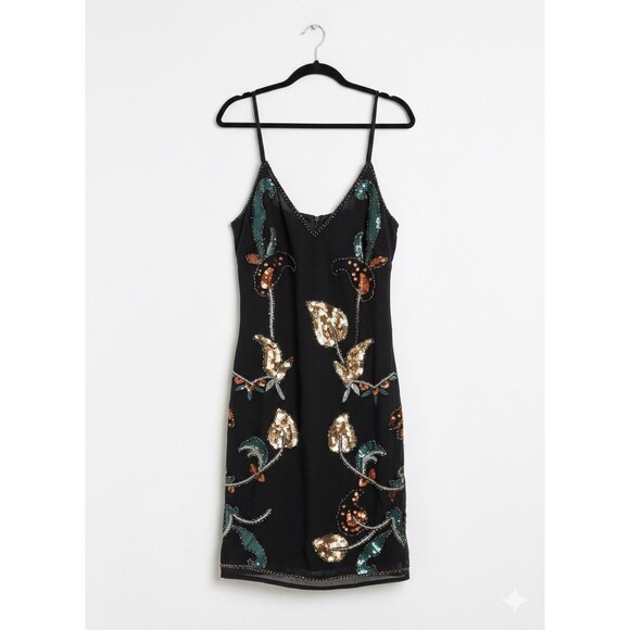 Vtg Nasty Gal Womens Y2K Beaded Whimsigoth Mini Dress Size 2 Black Gold Romantic - Picture 3 of 4